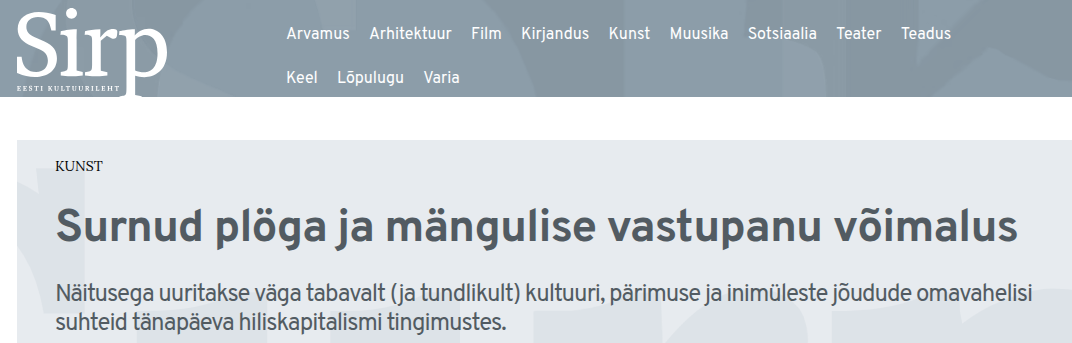Publication masthead and headline: Surnud plöga ja mängulise vastupanu võimalus